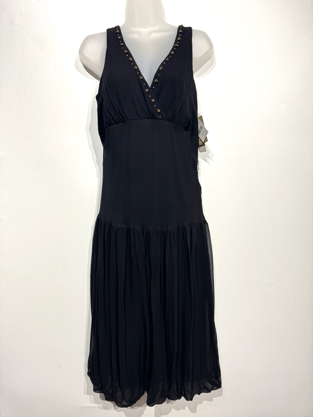 VTG Jonathan Martin Silk Drop Waist Midi Dress Sz 10 Black Beaded Witchy Fairy